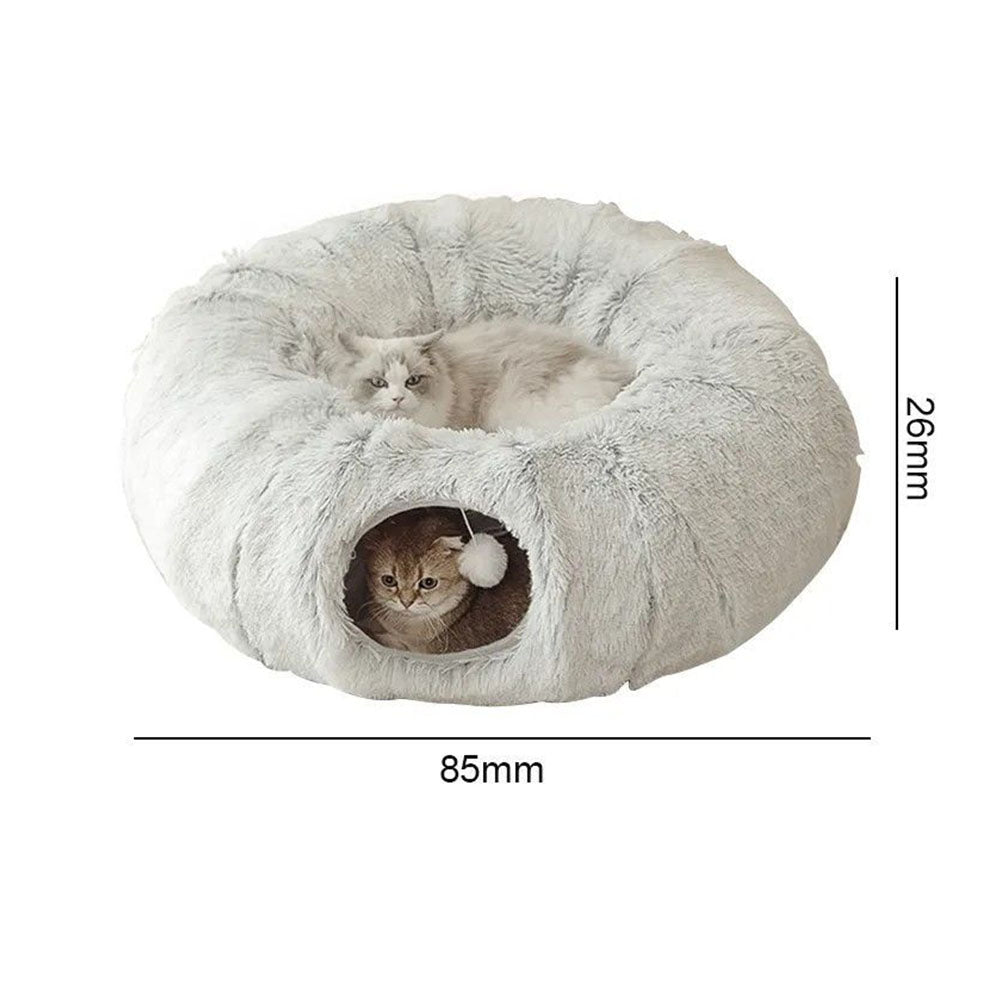 85cm spacious cat bed tunnel with size dimensions, accommodating multiple cats – a roomy solution to address size concerns, providing ample space for kittens, adult cats, and small dogs to lounge and play together.