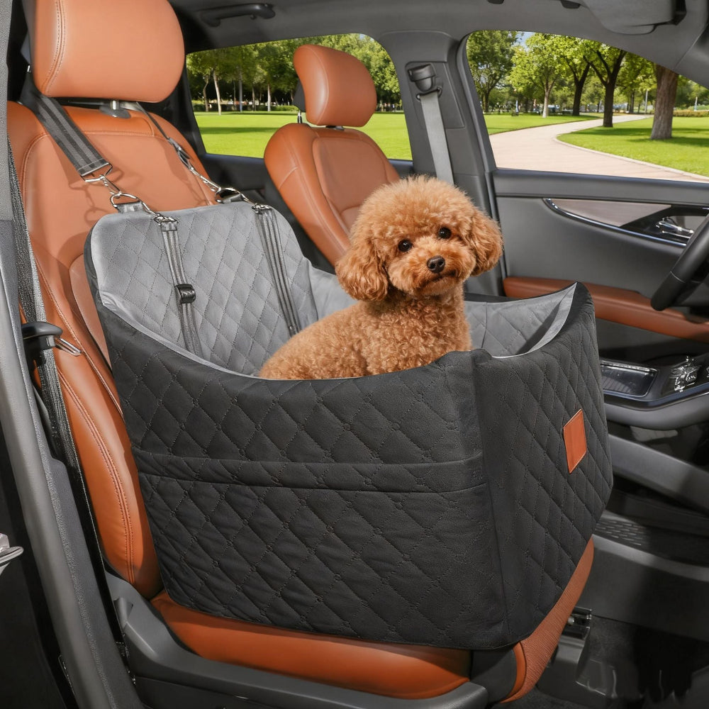 Black-grey pet car seat with a poodle in a car, featuring secure straps and plush interior – a safe solution to end pet instability and discomfort during car rides, ensuring your small dog travels securely and comfortably.