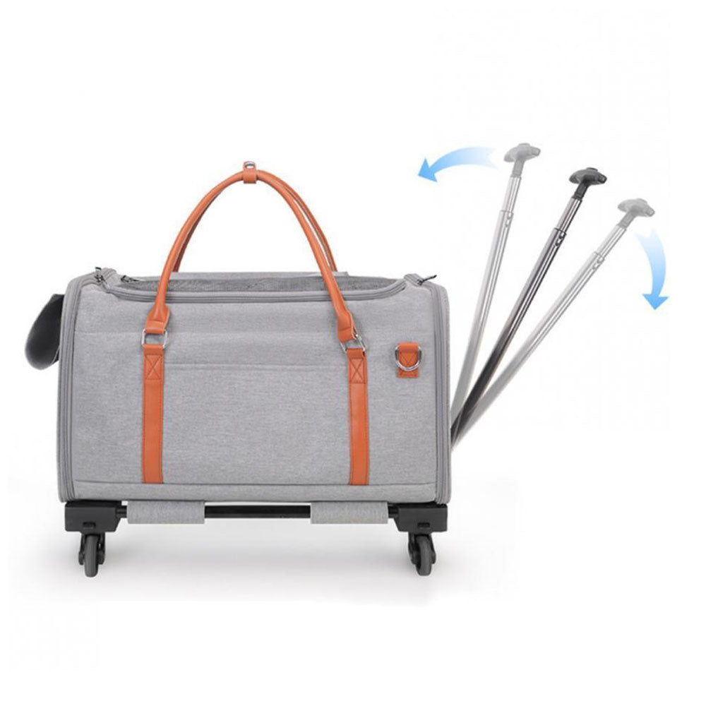Convertible pet travel bag with wheels and a detachable telescoping handle, designed for stress-free travel with small dogs and cats. Features durable fabric, comfortable carry handles, and airline-approved dimensions for seamless airport and car journeys.
