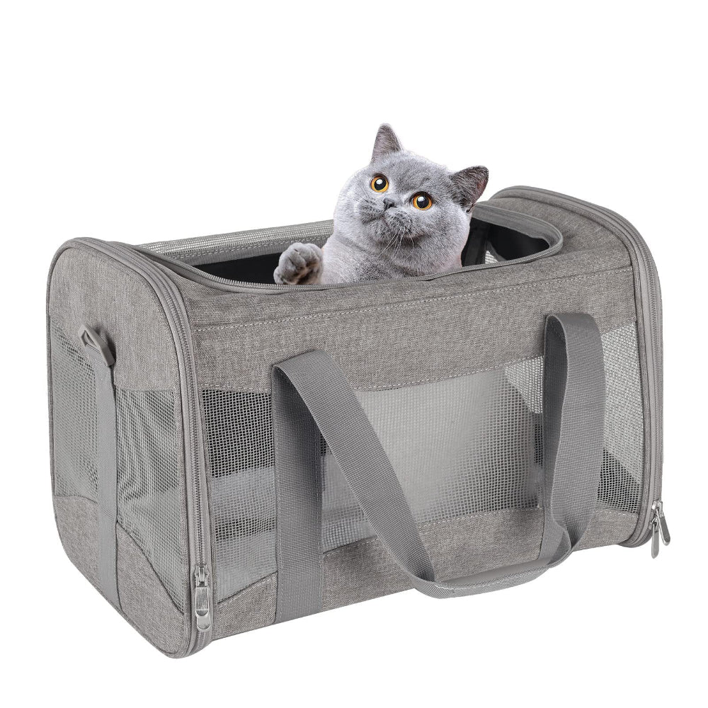 Grey linen pet carrier with a grey cat, highlighting its sleek design and robust materials – a practical solution for pet owners who value both style and durability, providing a secure space for pets on the go.