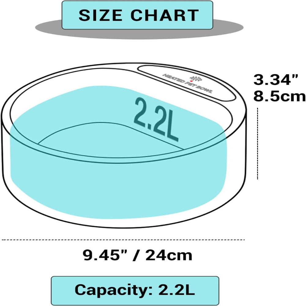 Heated pet water bowl size chart showing 2.2L capacity, 9.45” (24cm) diameter & 3.34” (8.5cm) height – a helpful guide to eliminate sizing guesswork, ensuring the bowl fits your pet’s daily hydration needs.