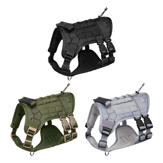 Tactical dog harness available in black, olive green, and gray – a heavy-duty, adjustable outdoor vest designed for medium to large dogs, ideal for hiking, training, and daily walks.