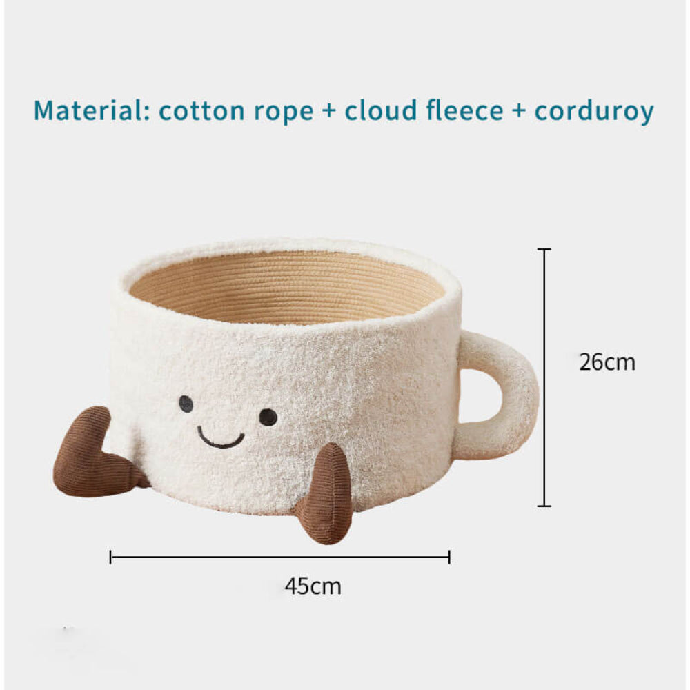 Teacup-shaped pet bed with dimensions 45cm x 26cm, made from cotton rope, cloud fleece, and corduroy, showing size and premium material composition for cats and small dogs.