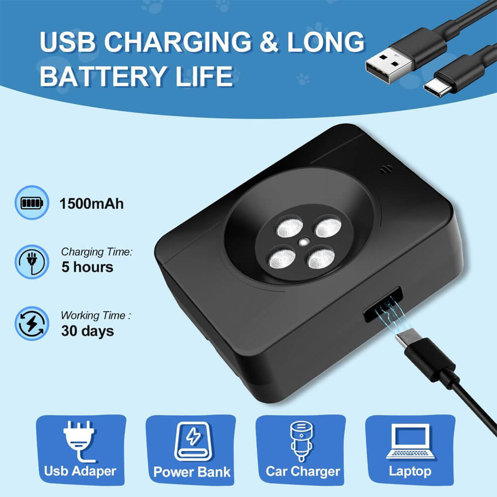 Black ultrasonic bark deterrent with USB-C charging port, 1500mAh battery, 5-hour charging time, and 30-day working time, compatible with USB adapters, power banks, car chargers, and laptops.