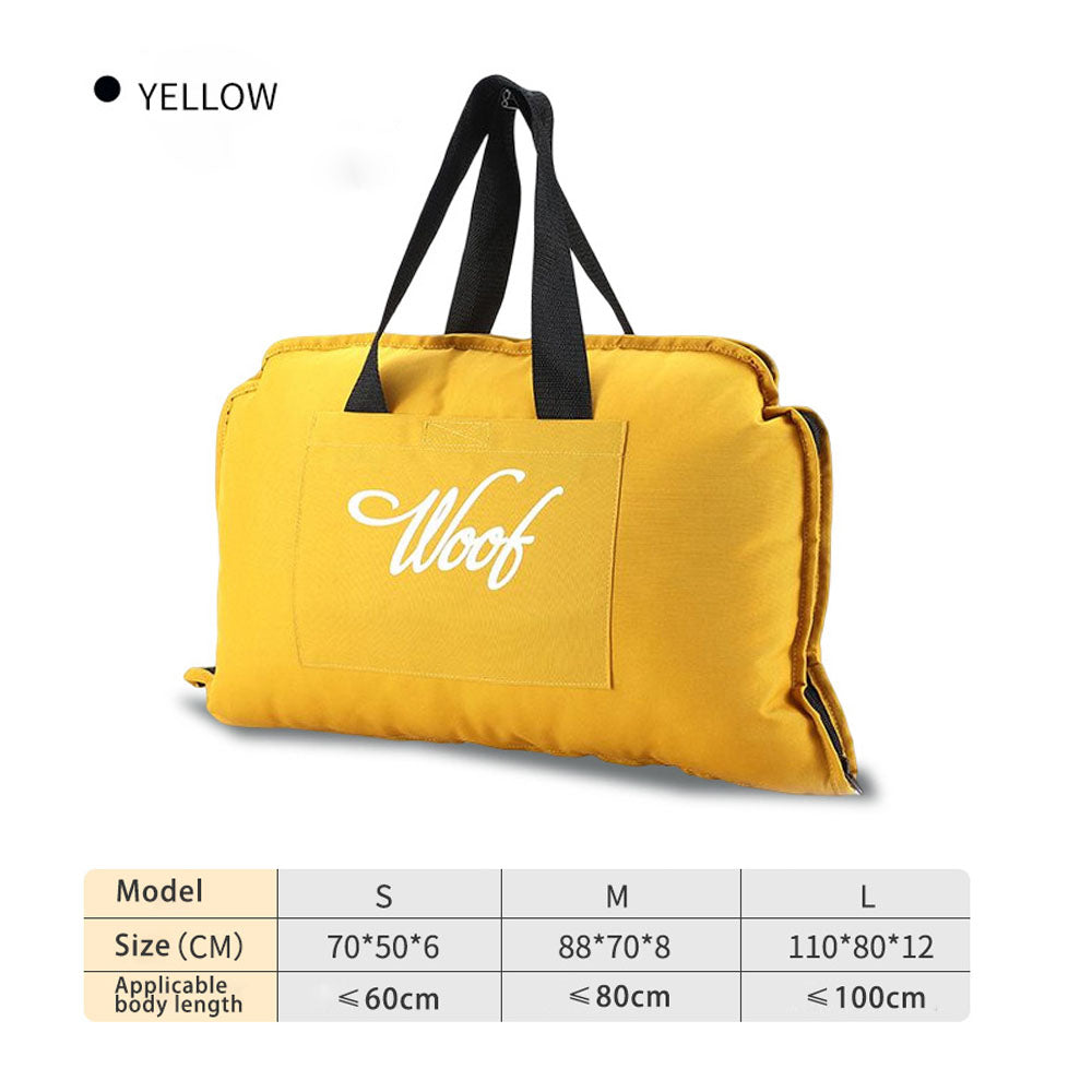Bright yellow portable storage bag for waterproof pet mats, featuring black carry handles and a front pocket, paired with a size chart (S/M/L) to guide selection for small, medium, and large dogs.