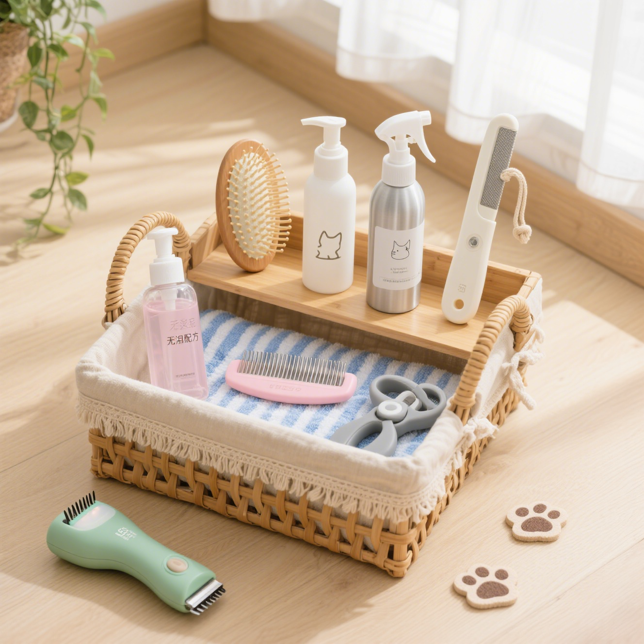 Pet grooming supplies set in wicker basket – includes shampoo, brush, comb, nail clippers, electric trimmer, and towel for cat and dog grooming