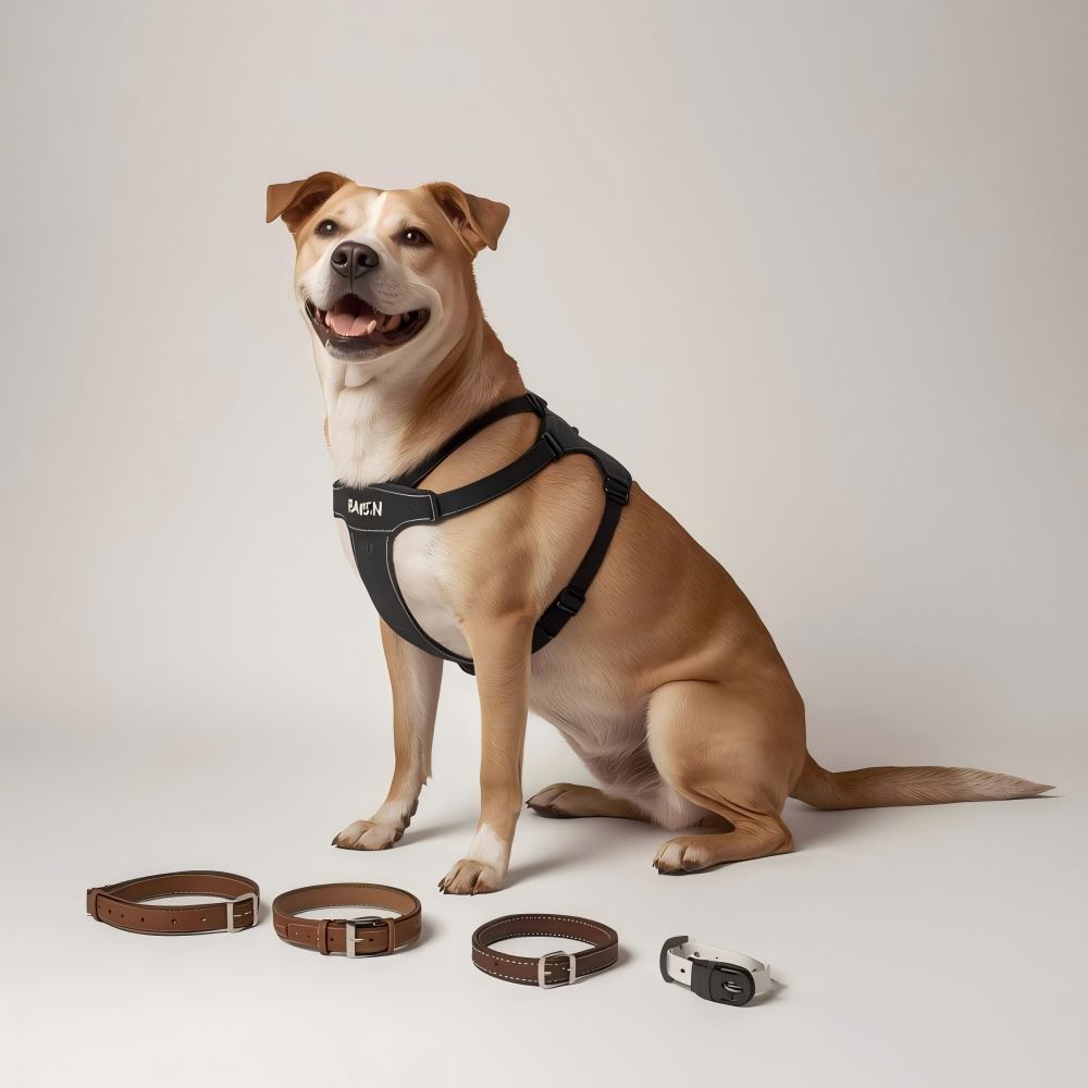 Dog and cat wearing stylish collars and harness – various pet collars displayed with golden retriever puppy & ragdoll cat in cozy room