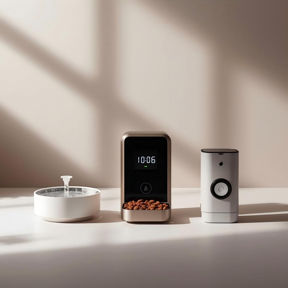 Real-life scene of dog eating dog food on carpet with cat playing nearby and stainless steel smart pet water dispenser – pet supplies product display