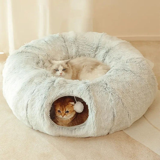 2-in-1 donut cat bed with tunnel, featuring two cats lounging and playing – a cozy solution to reduce cat anxiety, provide a secure hideout, and keep your furry friends entertained for hours