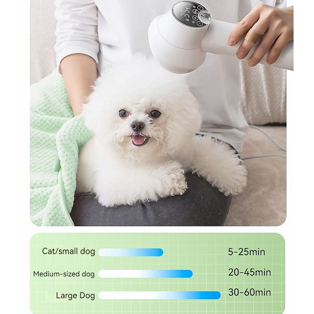 A happy Bichon Frise being groomed with a 2-in-1 pet dryer brush, paired with a clear drying time guide: 5-25min for cats/small dogs, 20-45min for medium dogs, and 30-60min for large dogs.
