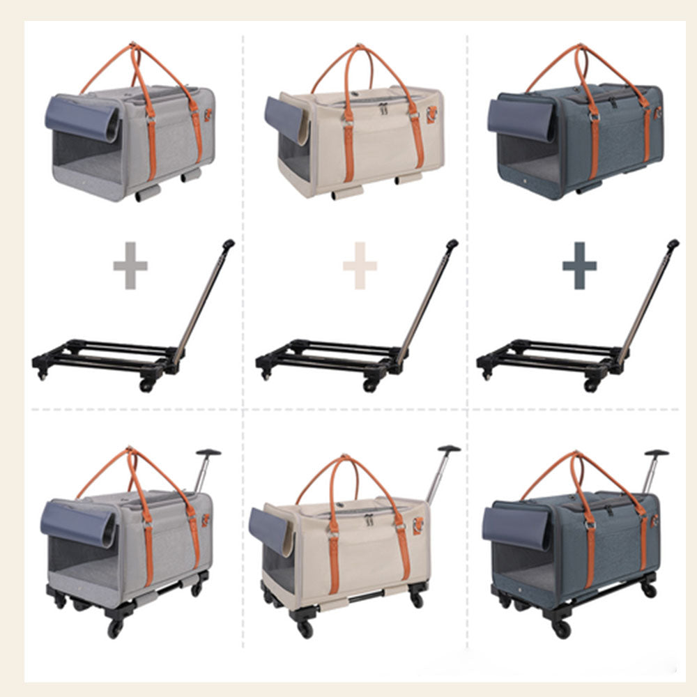 Detachable rolling pet carrier set in 3 colors (gray, beige, blue), showing the bag, rolling base, and assembled carrier for versatile pet travel.