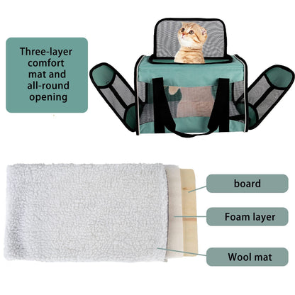 Pet carrier with 3-layer comfort mat and all-round opening – a comfortable solution to eliminate your pet’s dislike of cramped, uncomfortable spaces, offering a plush mat and easy entry for cats/small dogs.