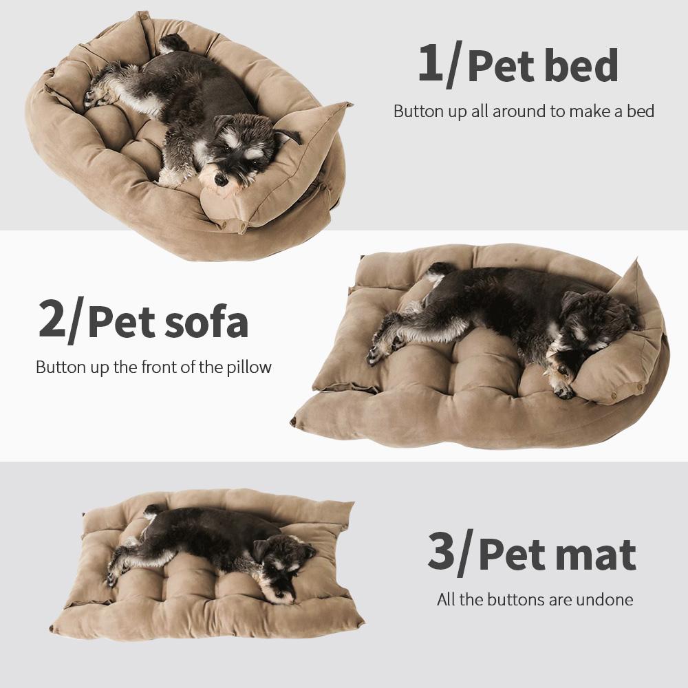 Pet bed shown in three different forms with a small dog – a multi-functional solution to end the need for multiple pet furniture pieces, offering a bed, sofa, and mat all in one, adapting to your pet’s preferences.
