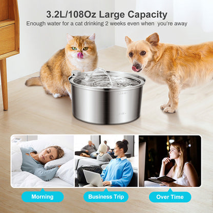 3.2L stainless steel pet fountain with cat and dog drinking – a reassuring solution to ease worries about pets being thirsty when you’re away, providing enough water for weeks, so you can focus on life with peace of mind.