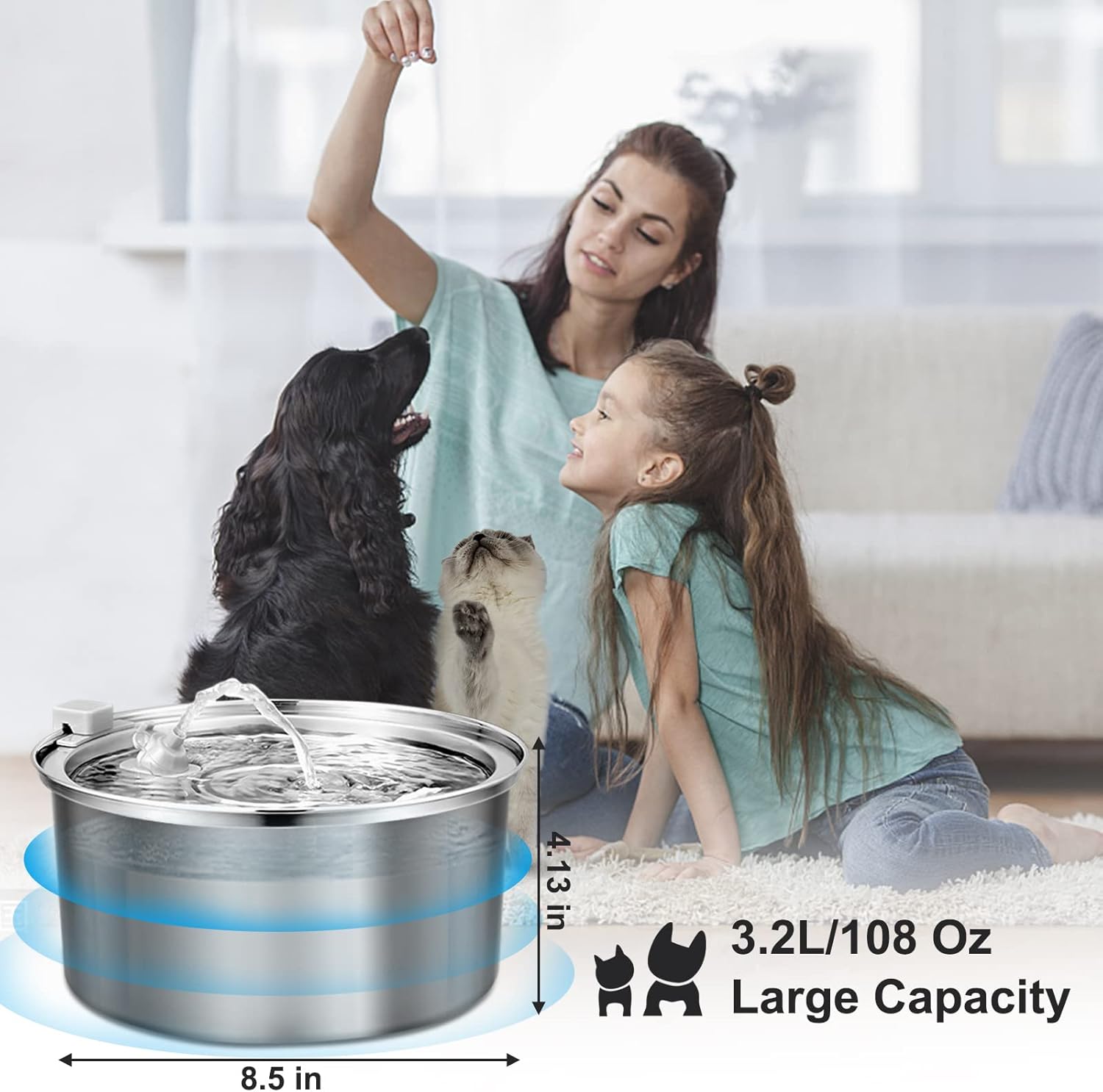 3.2L stainless steel pet fountain with dog, cat, and family interaction – a reassuring solution to end worries about multiple pets’ hydration, providing enough water for weeks, so your furry friends stay happy and hydrated even when you’re busy.