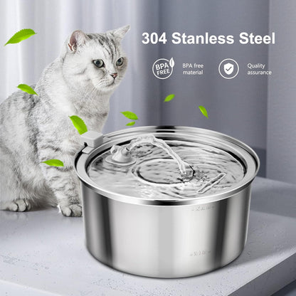 304 stainless steel pet fountain with a cat nearby – a safe solution to eliminate concerns about harmful materials, ensuring your pet drinks from a BPA-free, rust-proof fountain, supporting their long-term health.