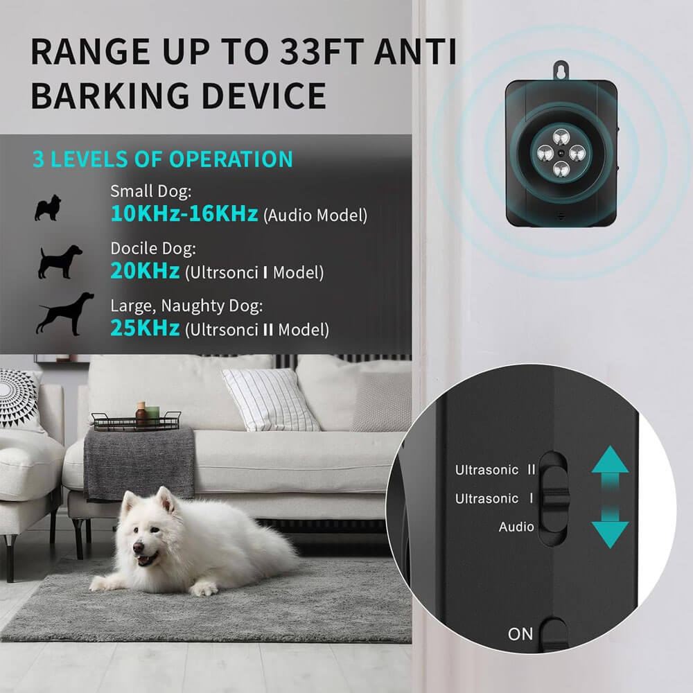 Ultrasonic dog bark deterrent with 33-foot effective range and 3 adjustable modes: 10KHz-16KHz (small dogs), 20KHz (docile dogs), 25KHz (large/naughty dogs), with mode switch close-up.