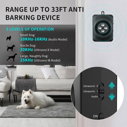 Ultrasonic dog bark deterrent with 33-foot effective range and 3 adjustable modes: 10KHz-16KHz (small dogs), 20KHz (docile dogs), 25KHz (large/naughty dogs), with mode switch close-up.