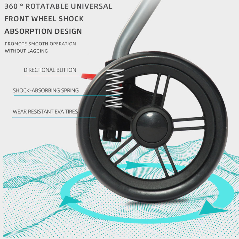 Pet stroller featuring 360° rotatable universal front wheels with shock-absorbing springs and wear-resistant EVA tires. Ensures smooth, stable rides on all types of terrain without lagging.