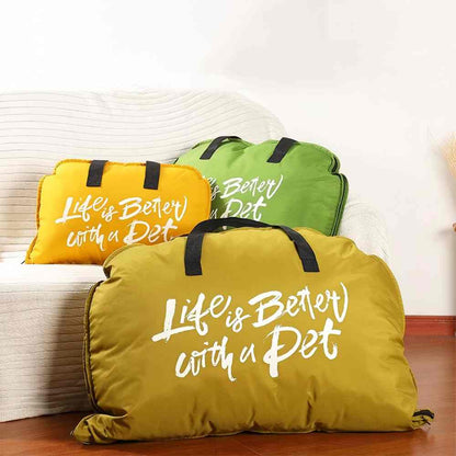 Three color-coded portable dog bed storage bags (yellow, green, olive) with "Life is Better with a Pet" print, designed for waterproof outdoor pet mats, ideal for travel and camping with dogs.
