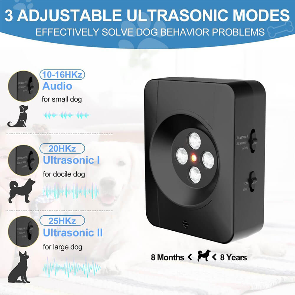 Dog bark control device with 3 adjustable ultrasonic modes, designed for small, docile, and large dogs aged 8 months to 8 years to solve barking behavior issues