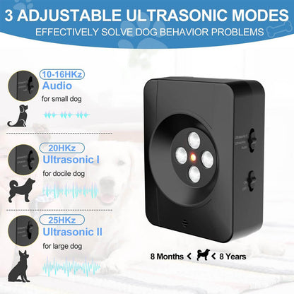Dog bark control device with 3 adjustable ultrasonic modes, designed for small, docile, and large dogs aged 8 months to 8 years to solve barking behavior issues