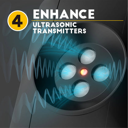 Close-up of 4 ultrasonic transmitters emitting sound waves, highlighting the enhanced anti-barking technology of the dog deterrent device.