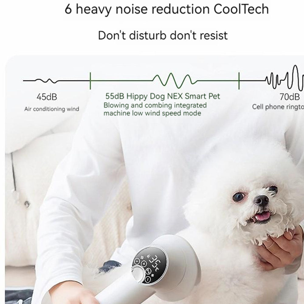 Low-noise pet hair dryer with 6-layer noise reduction technology, operating at 55dB (similar to air conditioning wind) to keep dogs and cats calm during grooming.