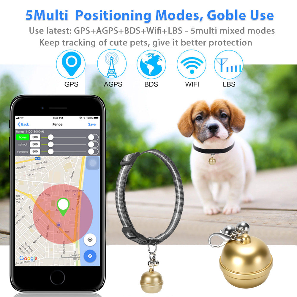 Dog GPS bell tracker with 5 mixed positioning modes (GPS+AGPS+BDS+WiFi+LBS) and geo-fence function, solving the problem of inaccurate positioning (indoor/outdoor) of pet trackers.