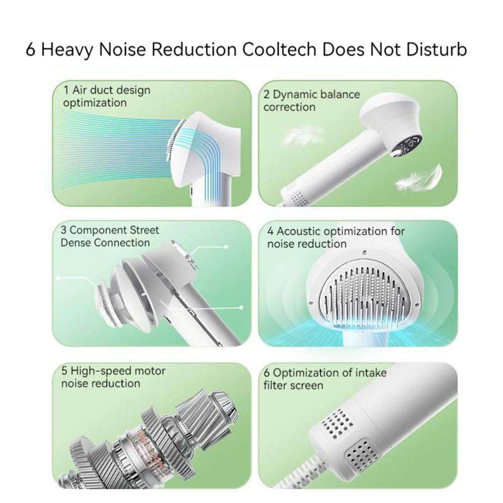 6 heavy noise reduction technologies (air duct optimization, dynamic balance correction, etc.) in a 2-in-1 pet dryer brush, keeping grooming stress-free for noise-sensitive dogs and cats.