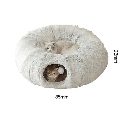85cm spacious cat bed tunnel with size dimensions, accommodating multiple cats – a roomy solution to address size concerns, providing ample space for kittens, adult cats, and small dogs to lounge and play together.
