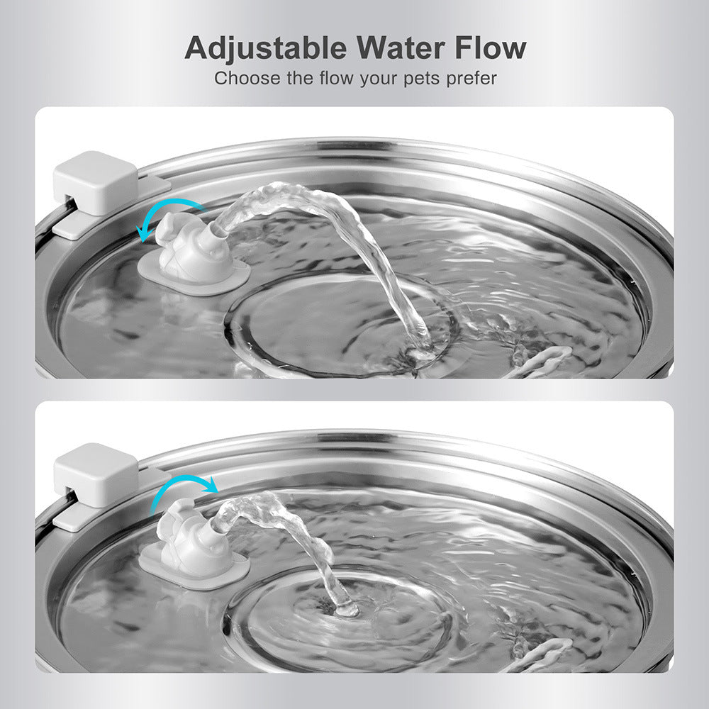 Stainless steel pet fountain with adjustable water flow – a tailored solution to end the struggle of pets avoiding certain water flows, letting you customize the flow your cat or dog loves, ensuring they drink more with joy.