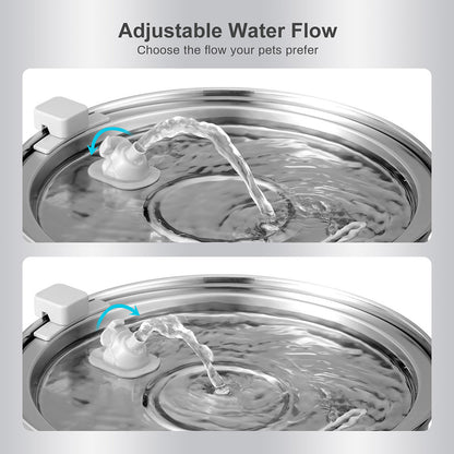 Stainless steel pet fountain with adjustable water flow – a tailored solution to end the struggle of pets avoiding certain water flows, letting you customize the flow your cat or dog loves, ensuring they drink more with joy.