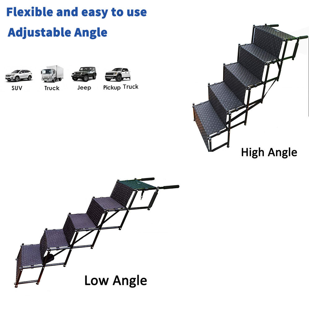 Foldable dog stairs with adjustable high/low angle design, compatible with all vehicle types (SUV, truck, Jeep, pickup truck), showing flexibility to fit different car heights and ensure safe climbing for dogs.
