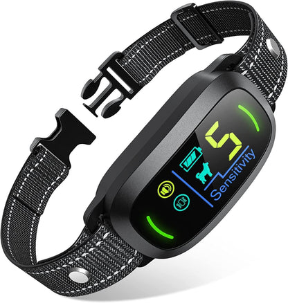 Durable dog bark collar with soft, adjustable webbing strap and secure buckle; its bright digital display shows sensitivity level, battery indicator, and beep/vibration mode buttons for easy training control.