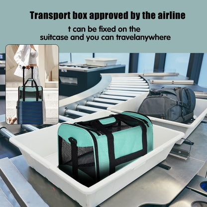 Airline-approved pet carrier on an airport conveyor belt, shown attached to a suitcase – a reliable solution to eliminate air travel hurdles, letting you and your pet journey anywhere with ease and compliance.