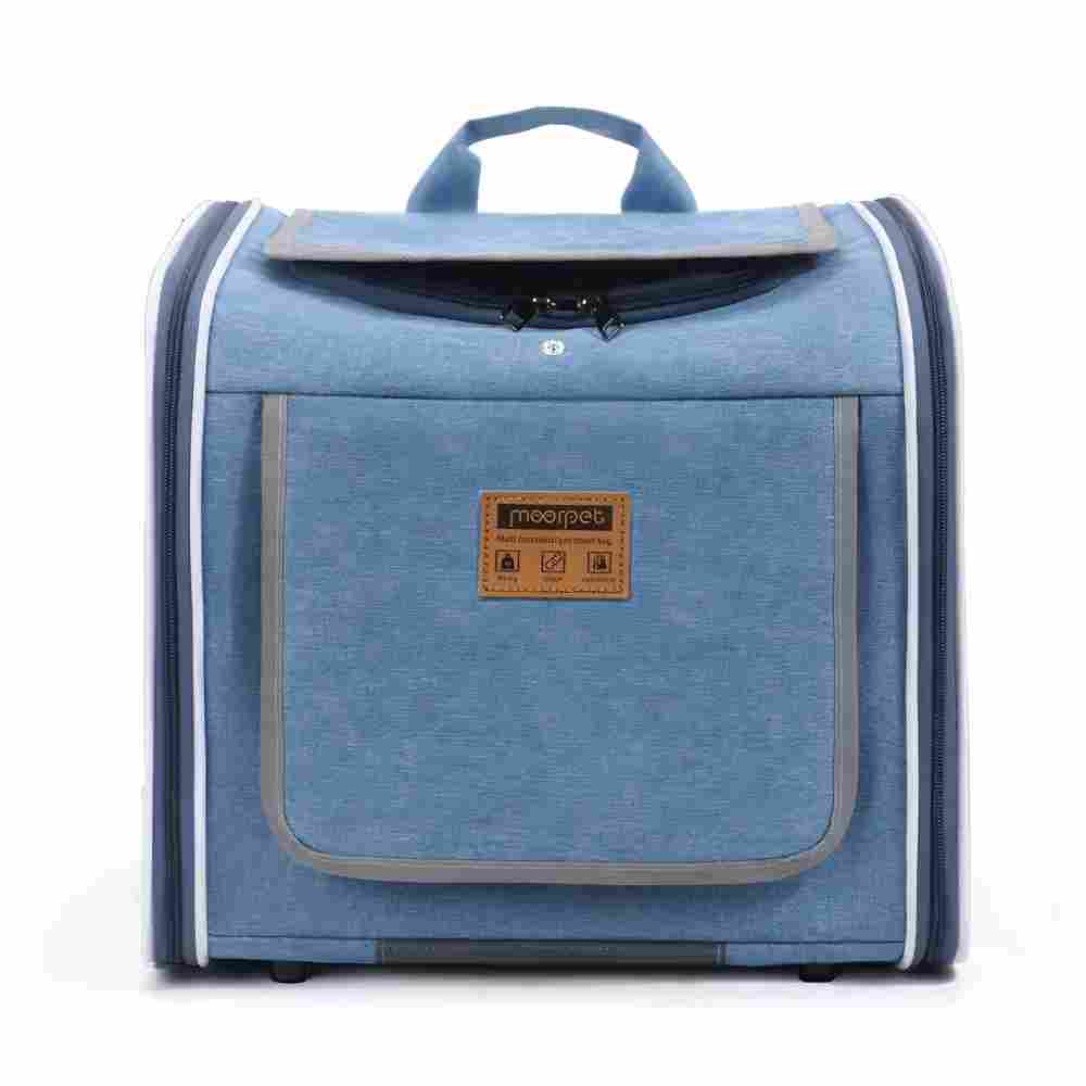 Front view of a blue all-weather pet carrier made with tear-resistant fabric, featuring reflective strips for visibility, a padded interior for comfort, and a multi-mode design that supports cycling, hiking, and daily travel, built to withstand changing seasons and outdoor conditions.