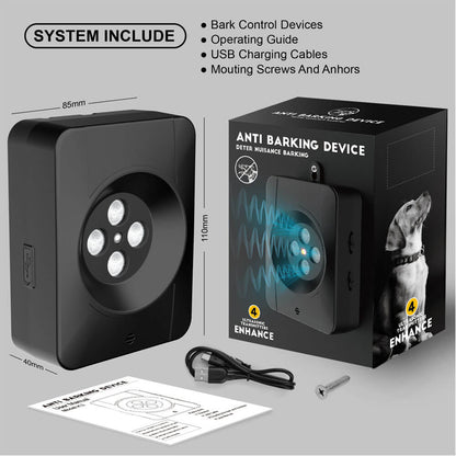 Complete set of anti-barking device: main unit, packaging box, operating guide, USB charging cable, mounting screws and anchors, with product dimensions 85mm × 110mm × 40mm.