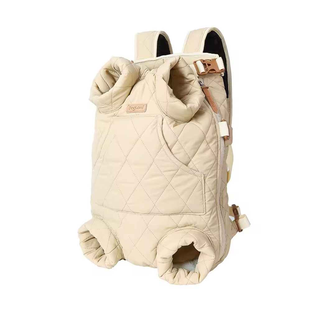 Comfortable beige quilted pet carrier backpack with four leg openings, adjustable straps, and side pocket – ideal for carrying small dogs and cats during hikes, walks, or travel.