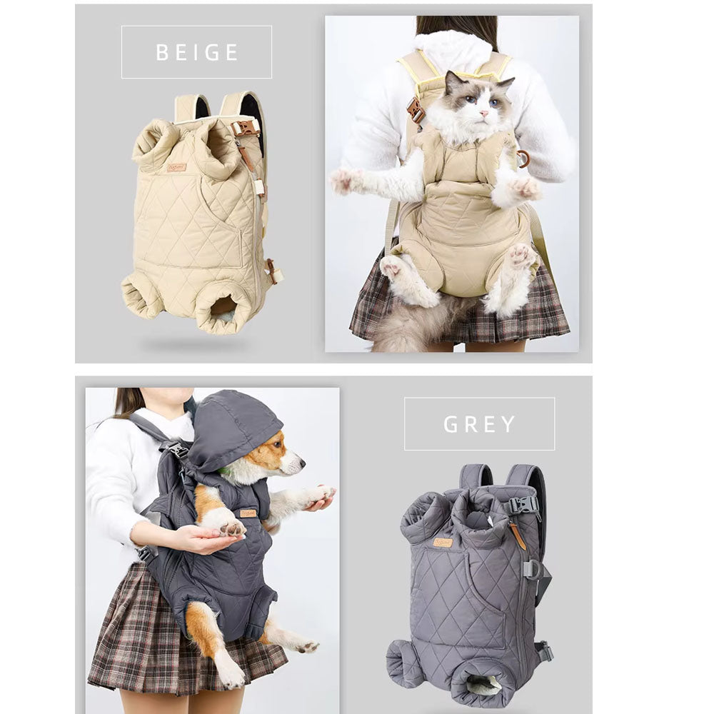 Beige (carrying a cat via back wear) & gray (carrying a dog with rain cap via front wear) pet carrier backpacks: stylish, comfortable dual-use designs for small pets in daily/outdoor scenes.