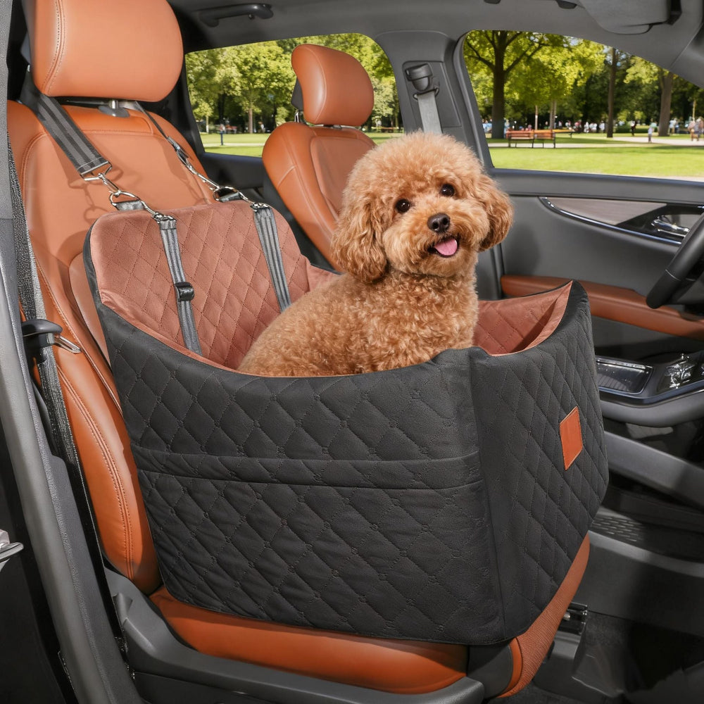Black-brown pet car seat with a happy poodle in a car, showcasing secure installation and cozy design – a stylish solution to address color choices and pet safety concerns, letting your small dog enjoy daily car trips in comfort.