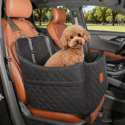 Black pet car seat with a poodle in a car, featuring quilted design and secure straps – a sleek solution to eliminate doubts about style and safety, letting your small dog travel in both comfort and fashion.