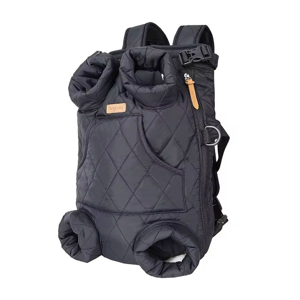 Sleek black dual-use pet backpack carrier with secure zippers, adjustable straps, and four leg openings – suitable for small dogs and cats during daily walks or trips.