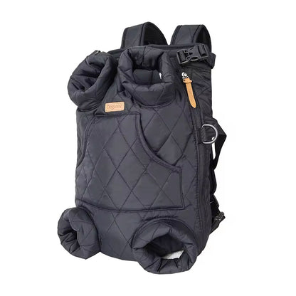 Sleek black dual-use pet backpack carrier with secure zippers, adjustable straps, and four leg openings – suitable for small dogs and cats during daily walks or trips.