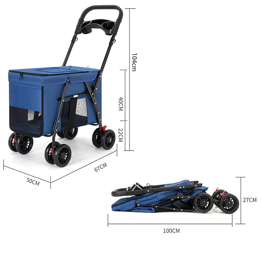 Dimensions of the blue foldable pet stroller: unfolded (104cm H × 67cm L × 50cm W) and folded (100cm L × 27cm H), highlighting its spacious interior for small/medium pets.