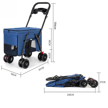 Dimensions of the blue foldable pet stroller: unfolded (104cm H × 67cm L × 50cm W) and folded (100cm L × 27cm H), highlighting its spacious interior for small/medium pets.