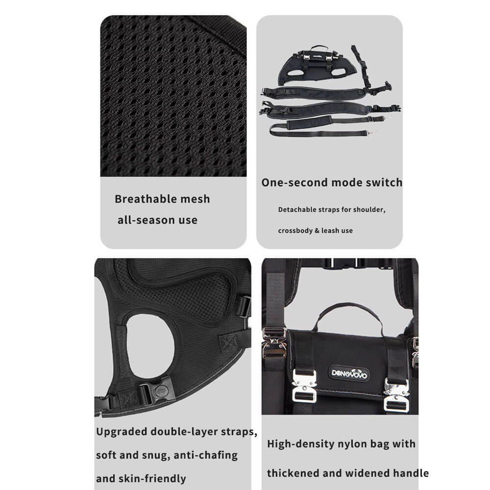  Pet carrier showcasing breathable mesh fabric, upgraded double-layer anti-chafing straps, detachable straps for multi-mode use (shoulder, crossbody, handle, leash), and high-density nylon construction.