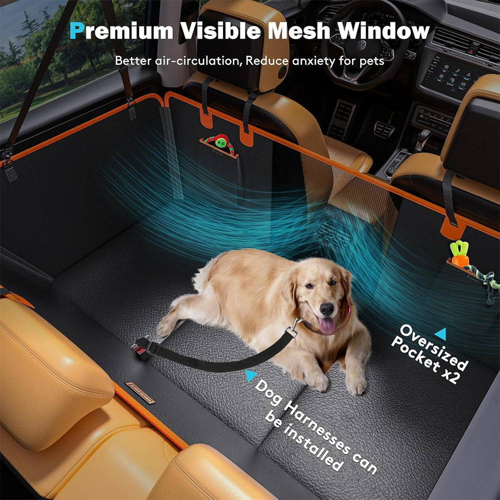 Premium dog back seat cover with visible mesh window for air circulation, built-in safety harness attachment, and oversized storage pockets, keeping dogs secure and comfortable during car rides.