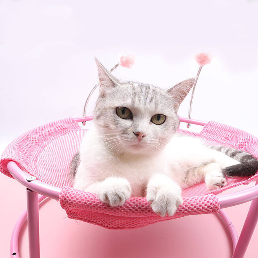 Pink cat hammock with a cute tabby cat lying comfortably, featuring breathable mesh fabric and interactive toys, ideal for indoor cats of all sizes.