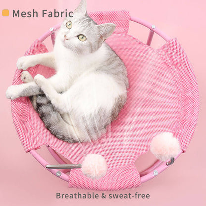 Pink cat hammock with breathable mesh fabric, a white tabby cat resting on it, labeled "Breathable & sweat-free" for year-round comfort.